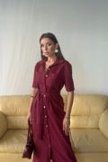 TENCEL ÖNDEN DÜĞMELİ KISA KOL ELBİSE - Bordo resmi